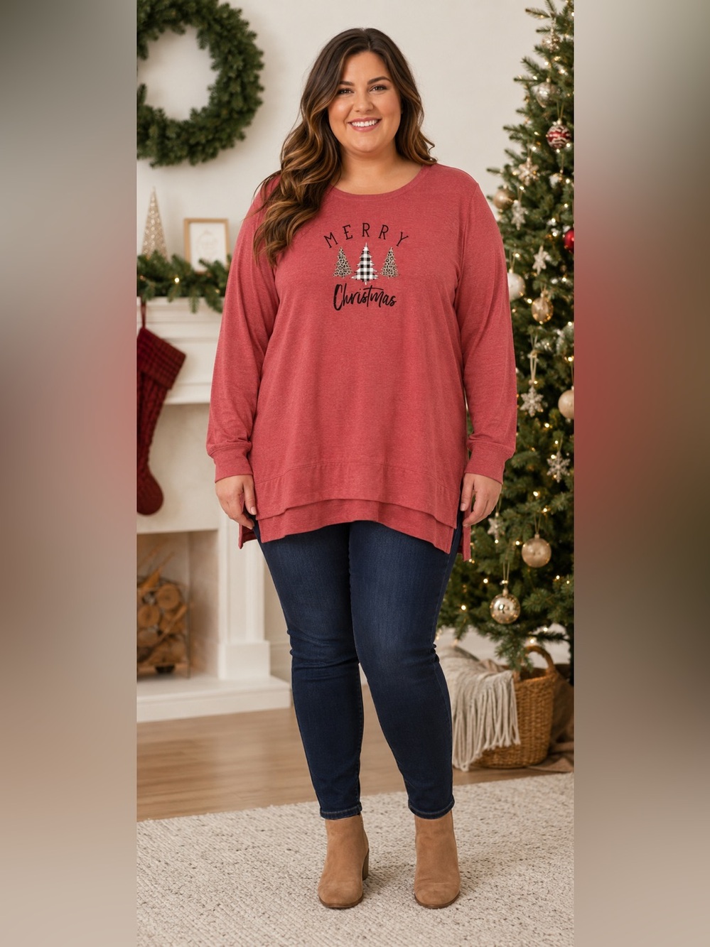 HOLIDAY TIME WOMENS RED CHRISTMAS LONG SLEEVE SHIRT SIZE XL